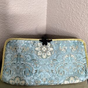 Blue and Gold Vintage-Inspired Clutch with Ornate Design